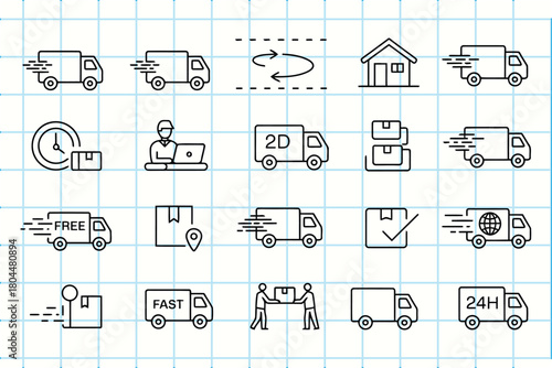 Hand drawn delivery truck and logistics icons on grid paper
