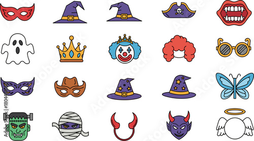 A vibrant collection of cartoon Halloween costume and party accessory icons.