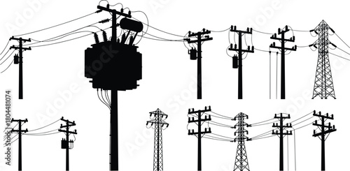 Electric Power Transmission Silhouette Vector Set: Large Transformer, Utility Poles, and High Voltage Lattice Towers for Energy Grid.