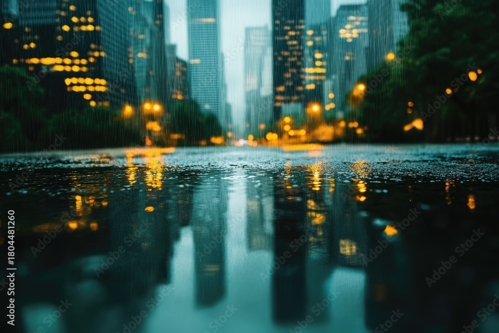 Fototapeta premium Rain-soaked city street at night. Glistening puddles reflect blurred urban lights, towering buildings, creating a dramatic, atmospheric cityscape view.