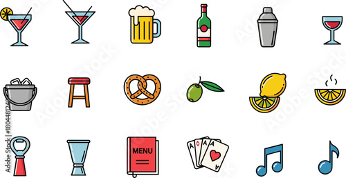 Colorful vector icon set for bar pub and cocktail themes.