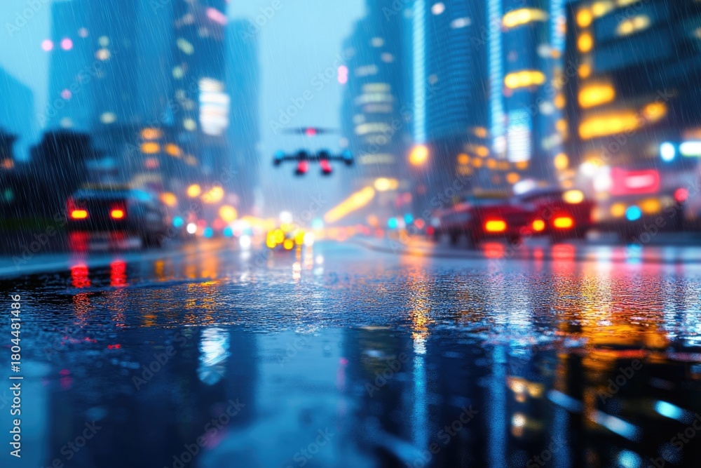 Fototapeta premium Rain-soaked city street at night, reflecting vibrant car lights and blurred skyscrapers. An atmospheric urban scene with dynamic water and bokeh effects.