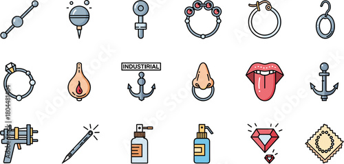 A colorful collection of body piercing icons including jewelry tools and body parts.