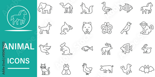 Animals line icon set. Animal thin line icon related to horse, dog, rabbit, owl, fox, wolf, monkey, lion, pig, cat, elephant, duck, hen, tiger, and more symbol. Editable vector illustration.