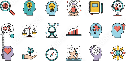 A diverse collection of colorful line icons representing mental health and personal development concepts.