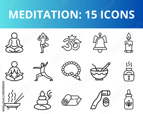 Meditation icons featuring various symbols and practices in black outline  