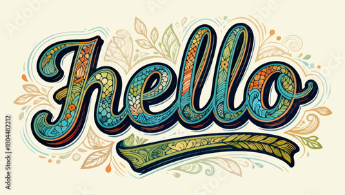 Creative art font "hello", font graphic design, hand-drawn vector illustration