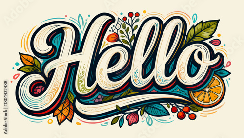 Creative art font "hello", font graphic design, hand-drawn vector illustration
