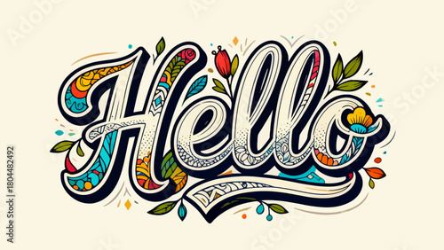 Creative art font "hello", font graphic design, hand-drawn vector illustration