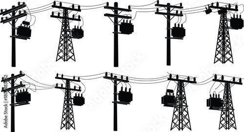 Electric Utility Pole and Tower Silhouettes Vector Set: Power Transmission Grid Elements with Wires, Insulators, and Transformers.