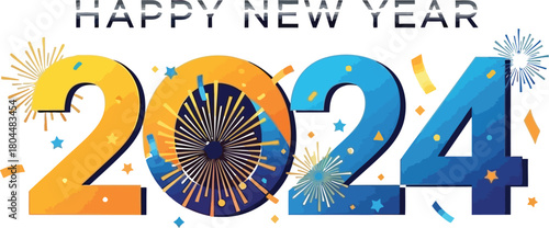 Happy new year 2024 celebration with fireworks and colorful design elements