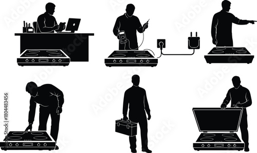 Professional Man Silhouette Set: Operating Control Panel, Connecting Technology Device, Desk Worker Using Laptop, and Presenting Equipment for Business Vector.