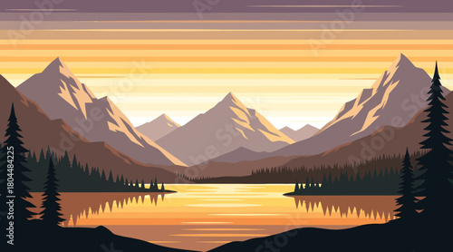 Stunning mountain landscape at sunset with golden light reflecting on lake perfect for nature lovers and outdoor adventures