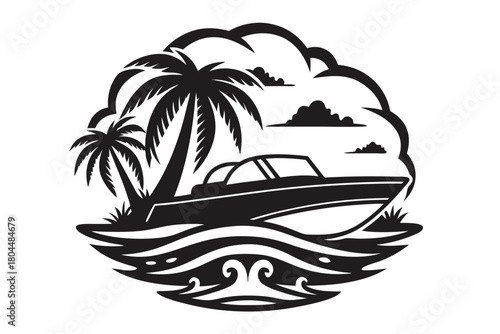 Silhouette presents a motorboat sailing near palm trees under a cloudy sky scene