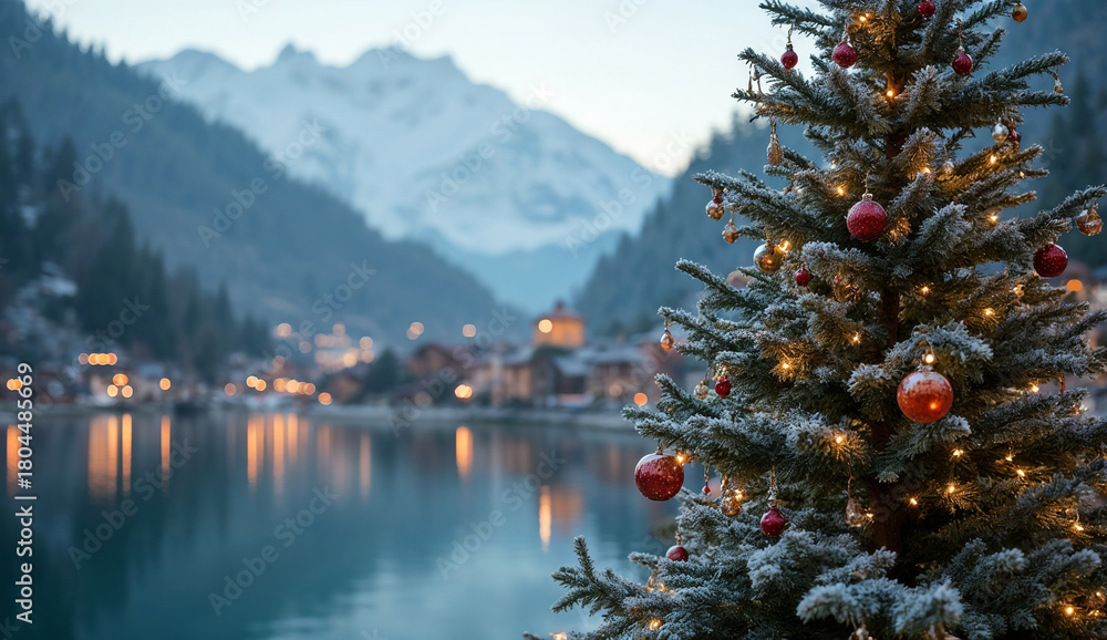 Fototapeta premium Festive Christmas tree in lakeside mountain village panorama background