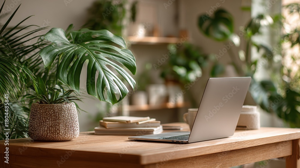 Fototapeta premium Modern Workspace with Laptop and Indoor Plants on Wooden Desk in Bright Home Office Setting