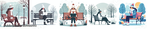woman with laptop on park bench in winter