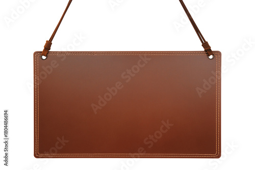 Premium brown leather signboard with stitched edges on transparent background