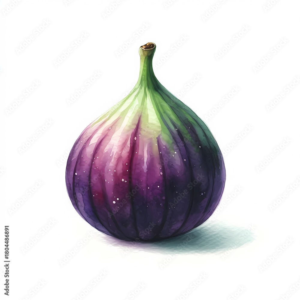 Fototapeta premium Watercolor illustration of a single fig with purple and green hues on white background