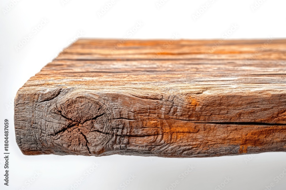 Fototapeta premium Detailed view of a weathered, rustic wooden beam, highlighting its natural cracks, rough texture, and prominent knot on a white background.