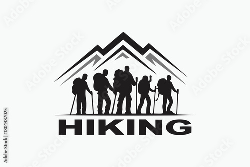Silhouette shows several hikers with mountains, backpacks and trekking poles ascending together