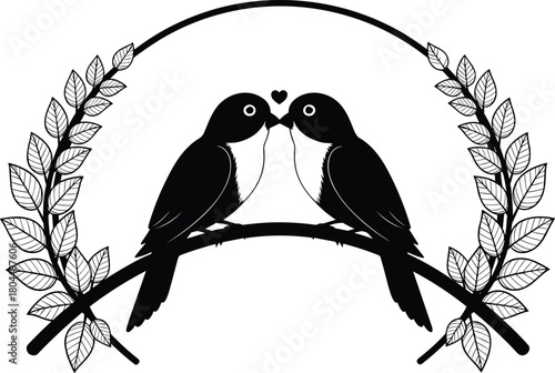 Black and white vector illustration of two kissing birds on a branch with floral wreath, romantic wedding or valentine concept.