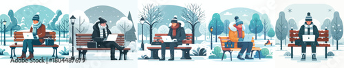 man with laptop on park bench in winter