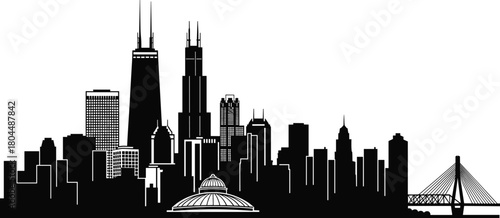 Vector black silhouette of Chicago city skyline featuring Willis Tower, John Hancock Center, and bridge, Illinois travel concept.