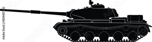 Vector black silhouette illustration of a heavy military battle tank, side view armored vehicle isolated on white background.
