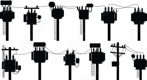 Electric Transformer and Utility Pole Silhouettes Vector Set: High Voltage Power Distribution Elements for Electrical Energy Grid Infrastructure.