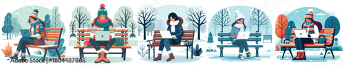 woman with laptop on park bench in winter