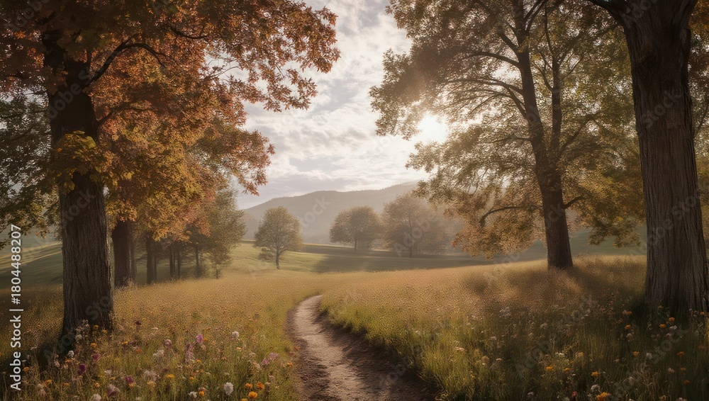 Naklejka premium Autumn Path Through Golden Fields and Trees.