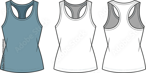 Sleeveless tank top front back view, racerback athletic shirt design, fashion flat sketch, apparel template, cad drawing flat vector illustration