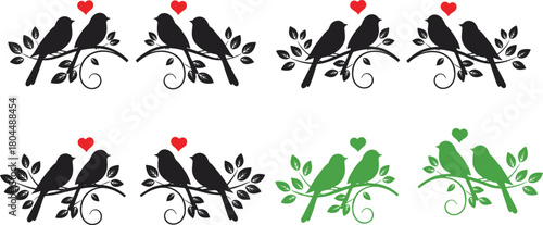 Vector set of bird silhouettes on tree branches with hearts and leaves, romantic wedding and valentine design collection.
