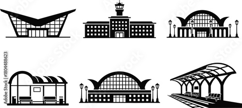 Vector silhouette collection of public transportation buildings, railway stations, bus stops, and airport terminals isolated on white background.