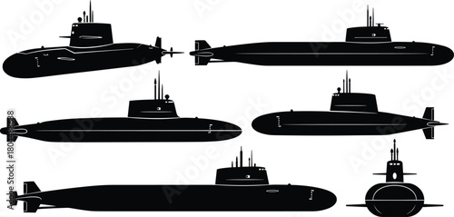 Vector set of military submarine silhouettes, side and front views, black naval icons isolated on white.