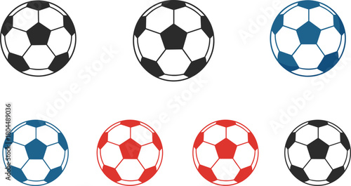 Soccer balls collection, colorful football design, black white blue red variations, sports equipment illustration, cad drawing flat vector illustration