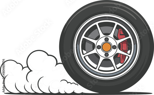 Car wheel spinning fast with smoke vector illustration, racing tire burning rubber speed graphic, dynamic automobile burnout action design