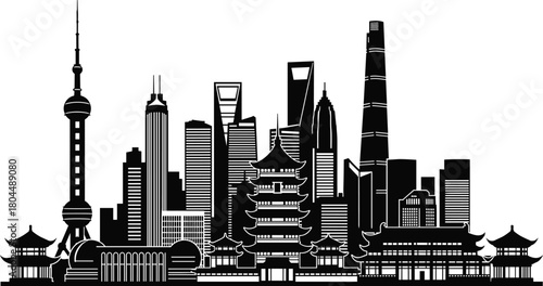 Vector silhouette illustration of Shanghai city skyline, Oriental Pearl Tower, and traditional pagodas, China travel concept.