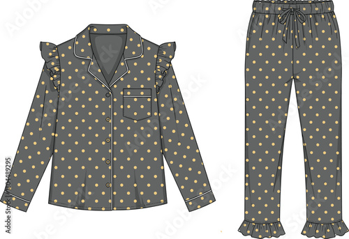 Vector technical sketch of women's grey pajama set with yellow polka dots, ruffles, long sleeves, and pants, isolated on white.