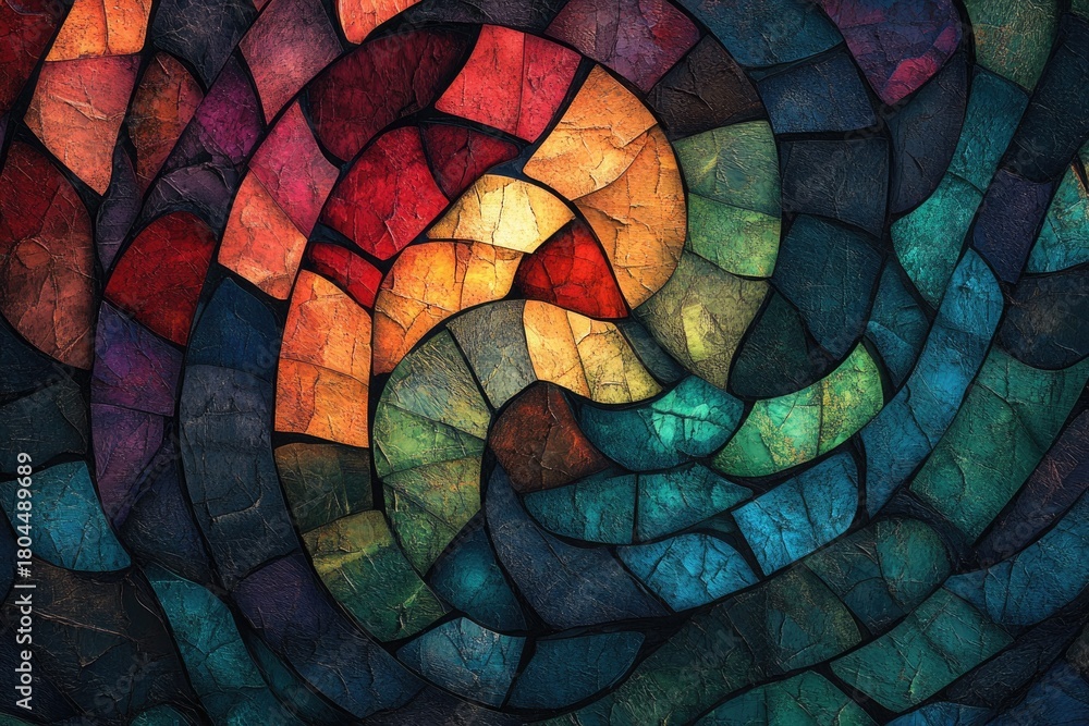 Fototapeta premium Mesmerizing abstract stained glass pattern with swirling, textured segments in a rich spectrum from warm reds to cool blues.
