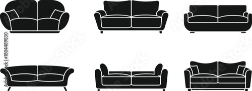 Sofa silhouette vector set, modern and classic couch designs, interior furniture icons, flat sketch CAD drawing illustration for home decor