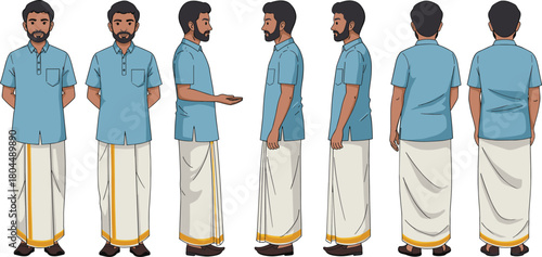 South Indian man character turnaround, traditional attire dhoti and shirt, multiple angles for animation, cultural design reference, cad drawing flat vector illustration