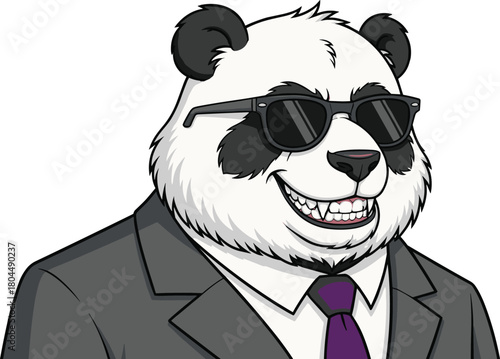Stylish anthropomorphic panda in formal suit, wearing sunglasses, confident smile, business attire, charismatic animal character, vector art illustration design