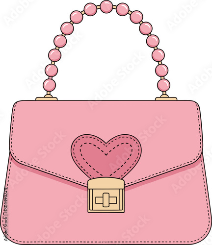 Stylish pink handbag with heart design, beaded handle, gold clasp, cute fashion accessory for girls, trendy purse for everyday use