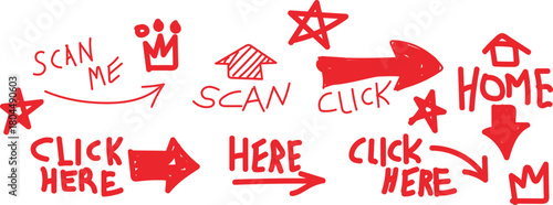 illustration: click me, scan me, here scribbles isolated. Red neon graffiti arrows and text on black background. A collection of bright red graffiti-style arrows, stars, and text like 'Click Here'
