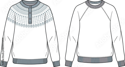 Sweater flat sketch, crew neck, button placket, raglan sleeve, fashion cad drawing, knitwear design, vector apparel illustration, cad drawing flat vector illustration