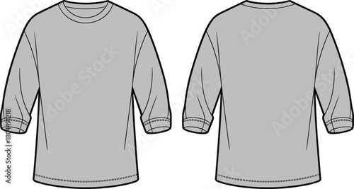 Three-quarter sleeve shirt front and back view, crew neck fashion sketch, vector apparel template, casual clothing design illustrationThree-quarter sleeve shirt 