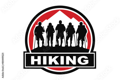 Silhouetted hikers with sticks stand atop a mountain range inside a circle