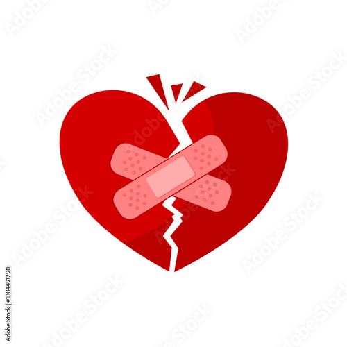 Broken red heart with plaster, healed heart - vector illustration